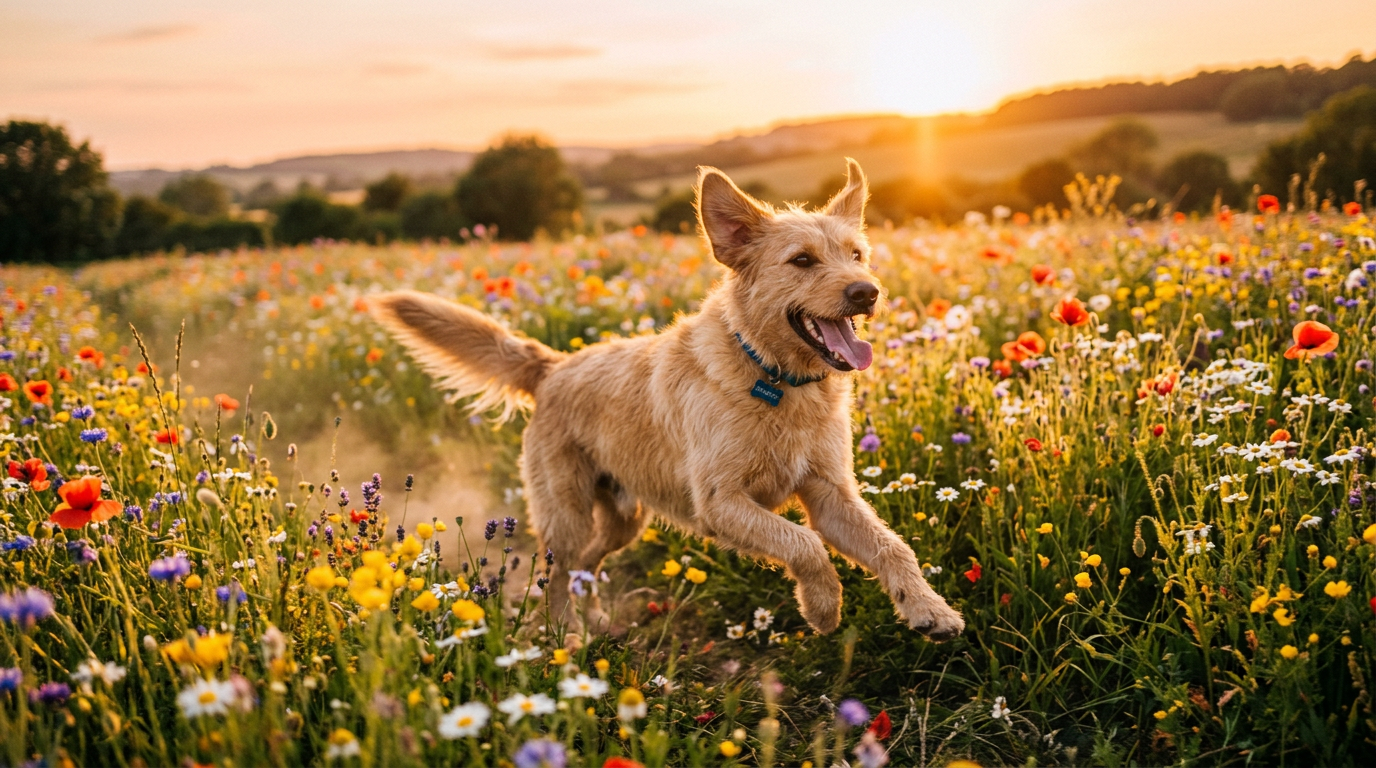 Sparkey running joyfully through a field of flowers